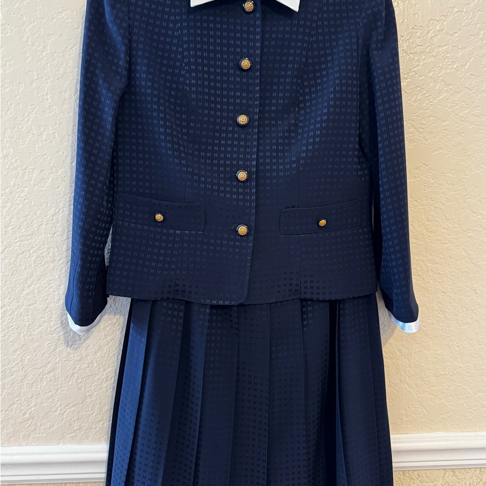 Navy Blue Button-Up Blazer and Skirt Set